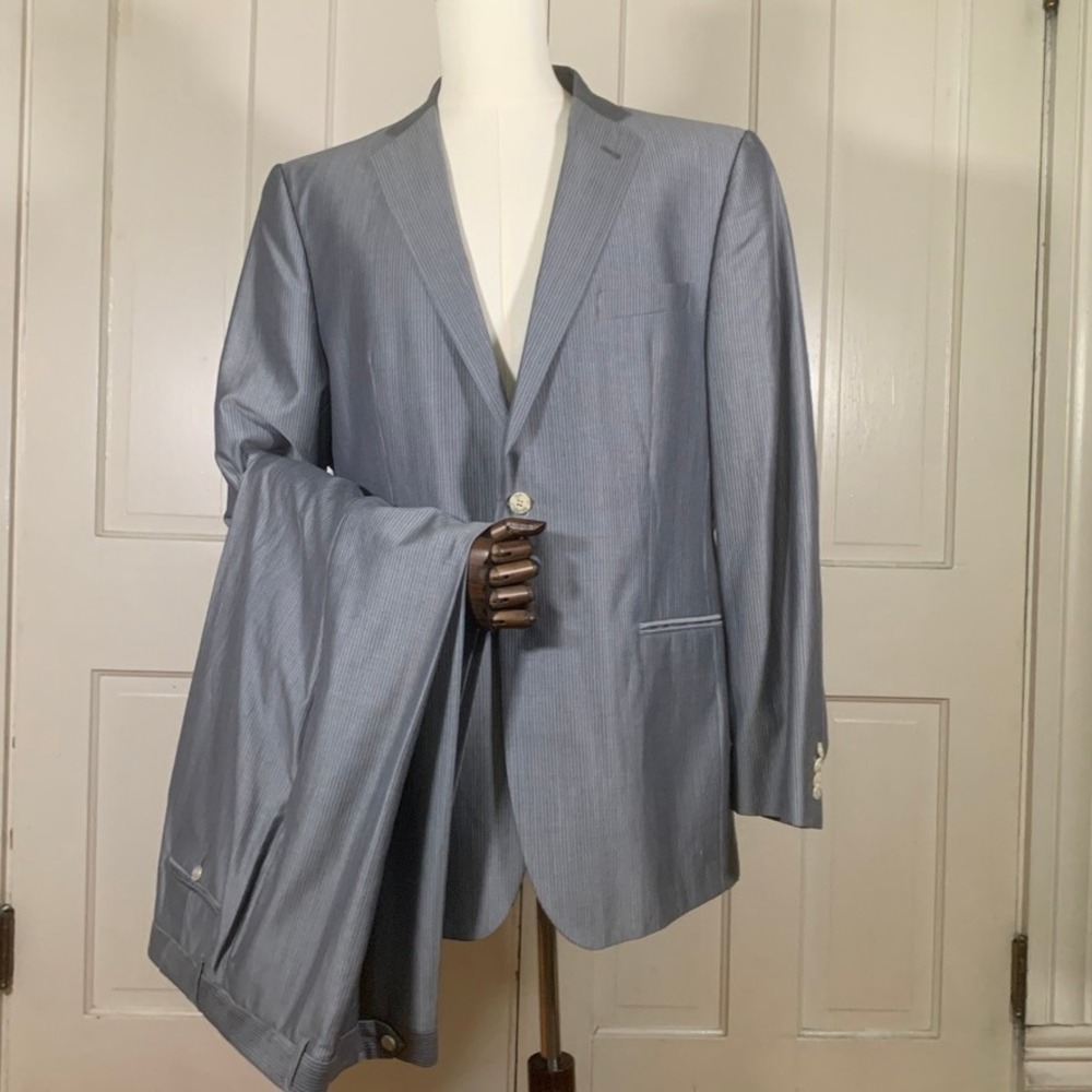 Loro Piana Trilogy Joseph Abboud Suit 44L 38x30 Blue Pinstripe USA Silk‎ Wool